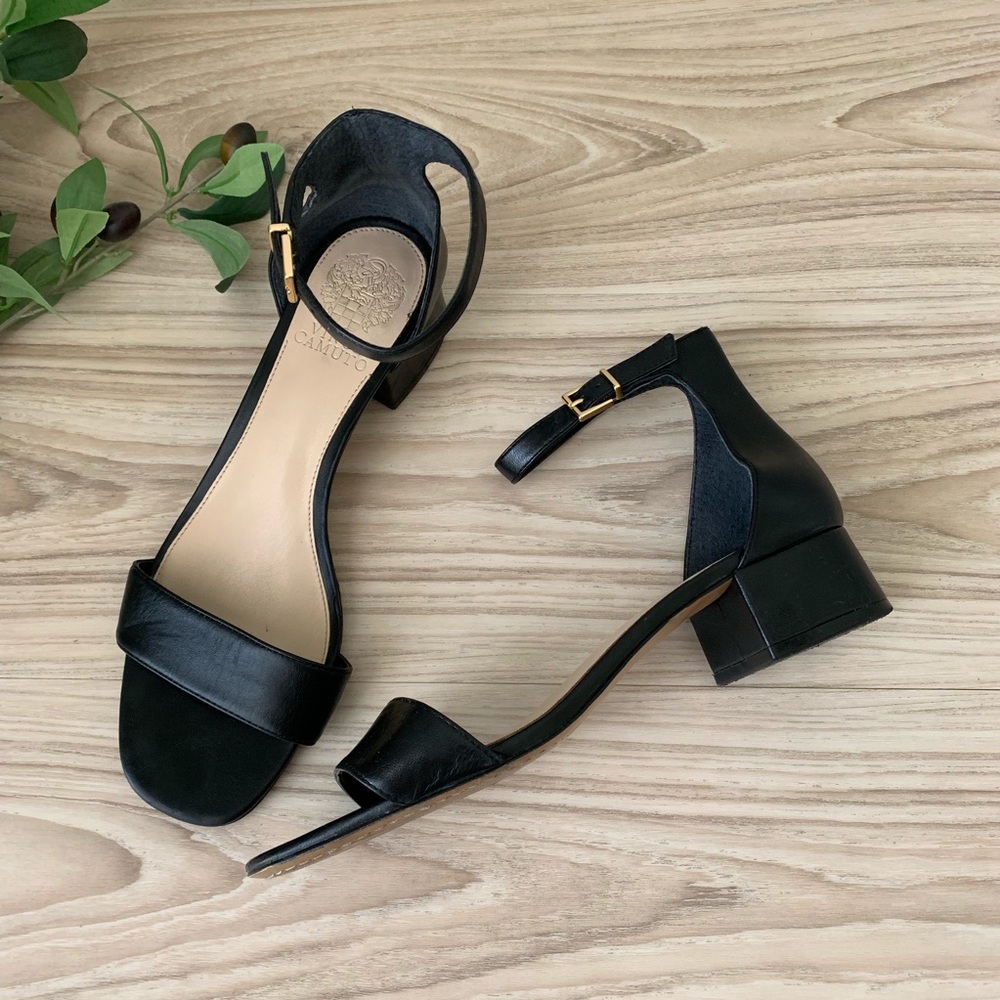 Vince Camuto Black Leather Ankle Strap Block Heels